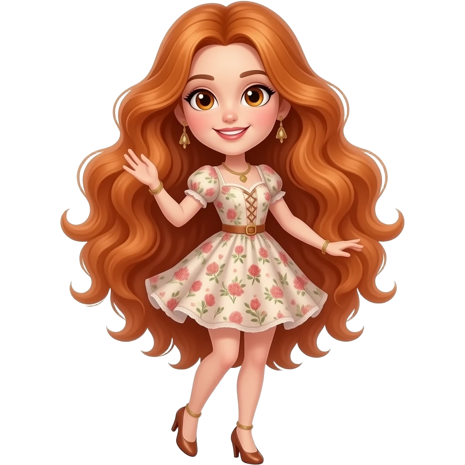 sexy girl with overlong wavy ginger hair and ginger eyes is wearing a dress and is dancing, the full body is to seen emoji