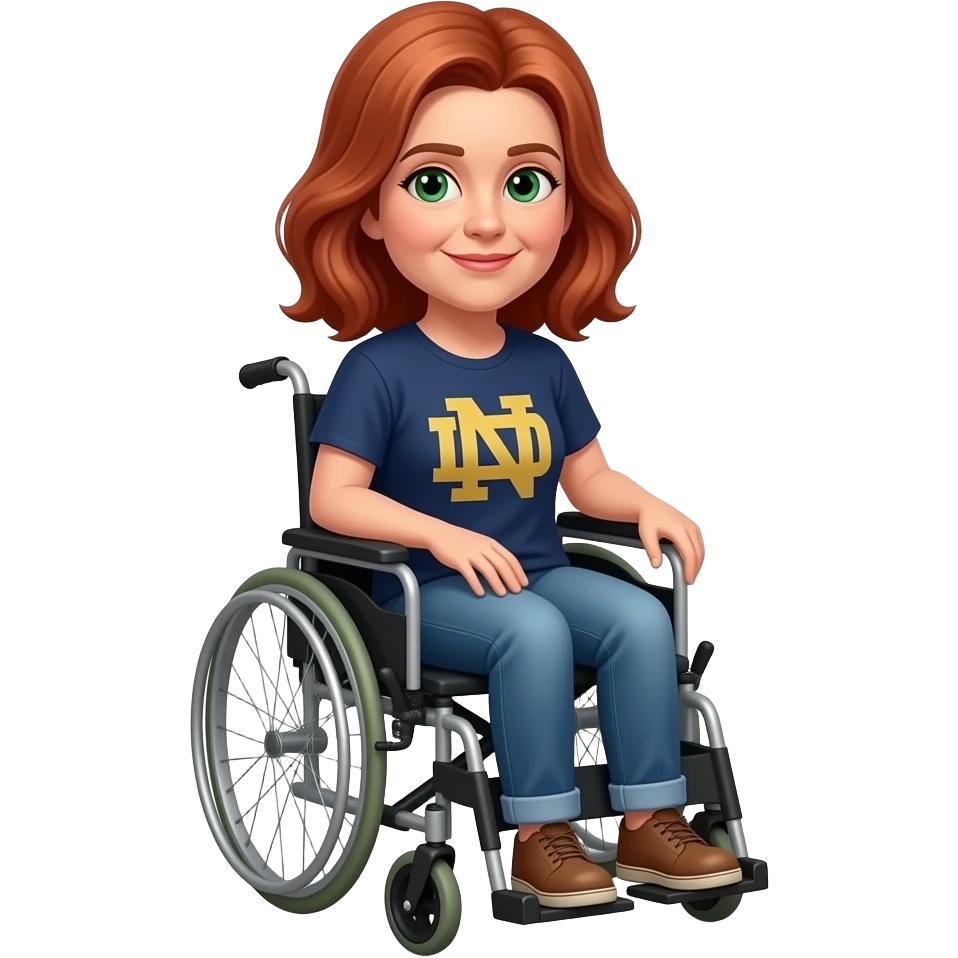 older female shoulder length red hair green eyes wheelchair jeans Notre dame t-shirt emoji