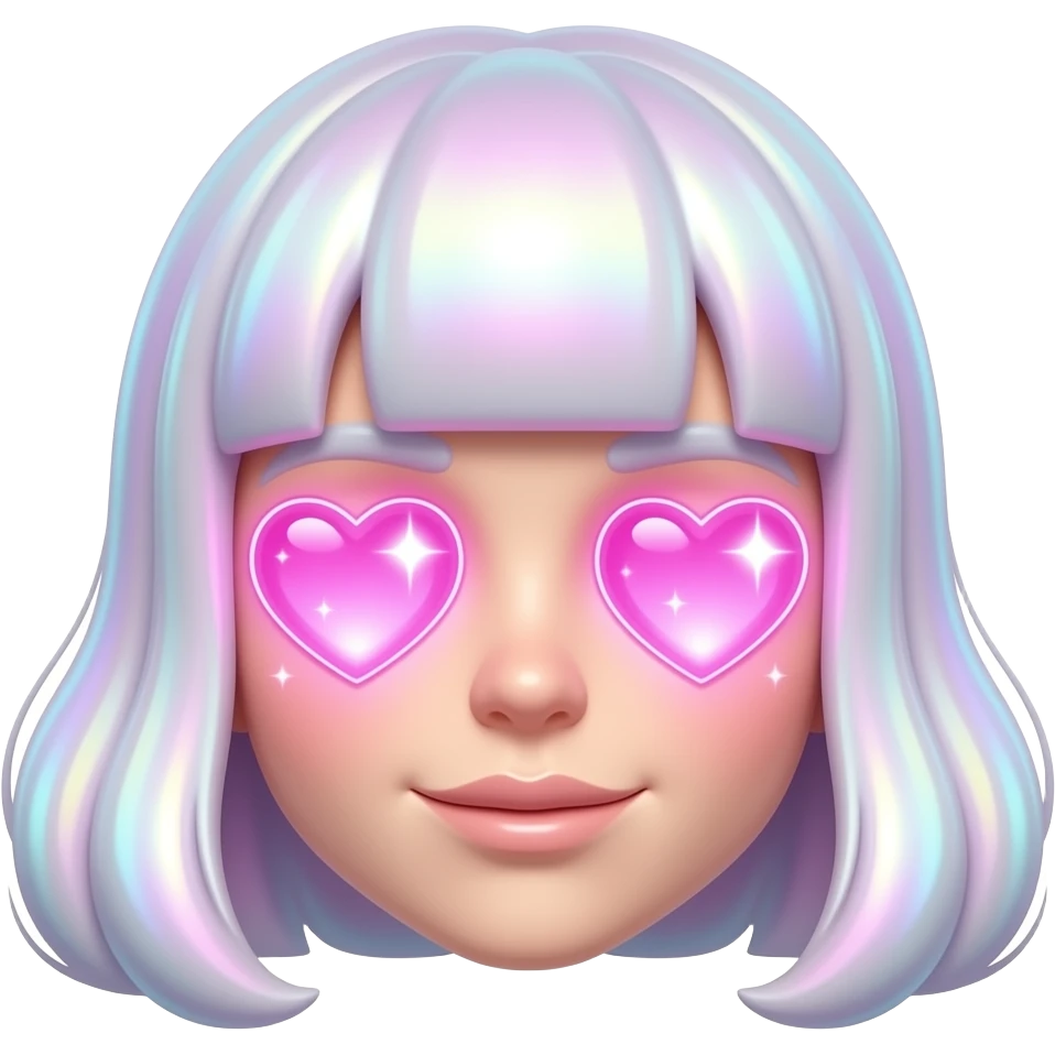 Emoji face with Heart-eyes with glowing neon pink hearts, holographic shine, glossy jelly texture, dreamy sparkles, ultra cute kawaii style, transparent PNG emoji