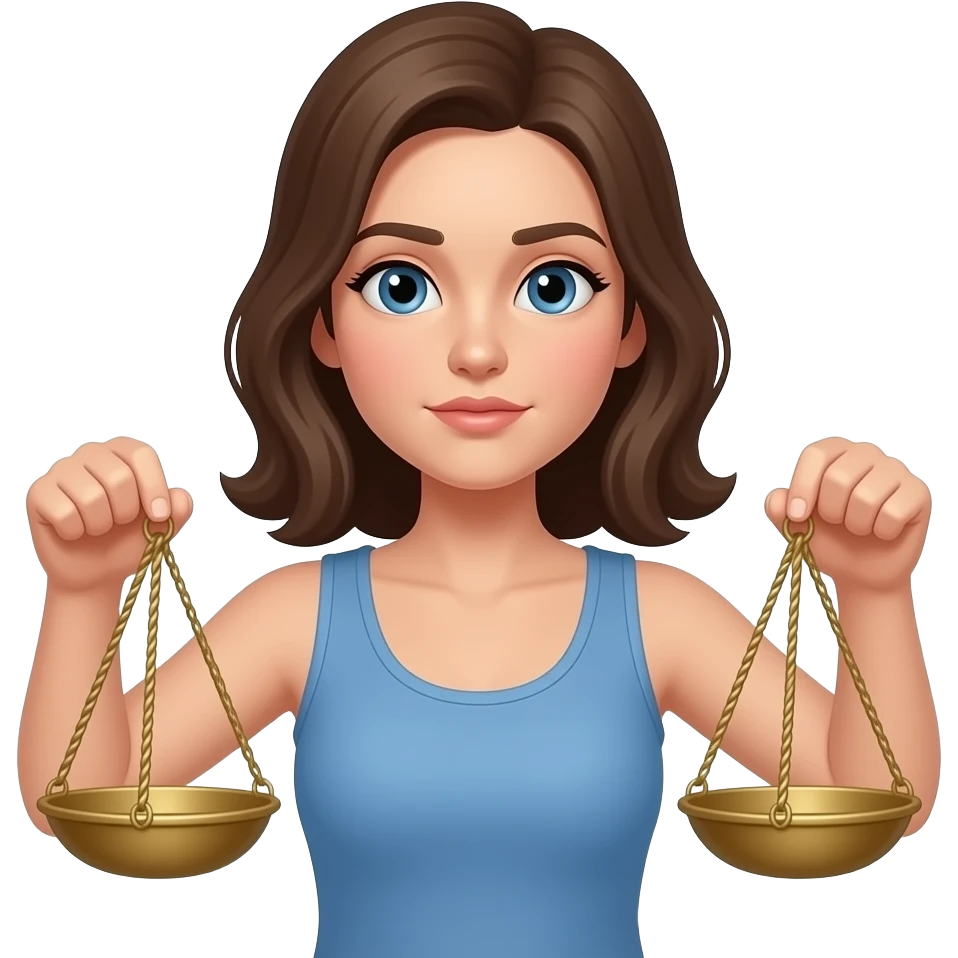 저울을 양손으로 들면서 모호한 표정으로 심판하는 입은 젊은 여자 emoji