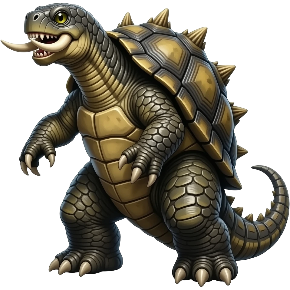 Enormous prehistoric turtle with Rough, spiked shell, Elephant-like legs with claws, giant tusk-like fangs, Beaked mouth, Ability to retract limbs into its shell, with glowing eyes and tusk-like fangs, kaiju, stands on hind legs, emoji