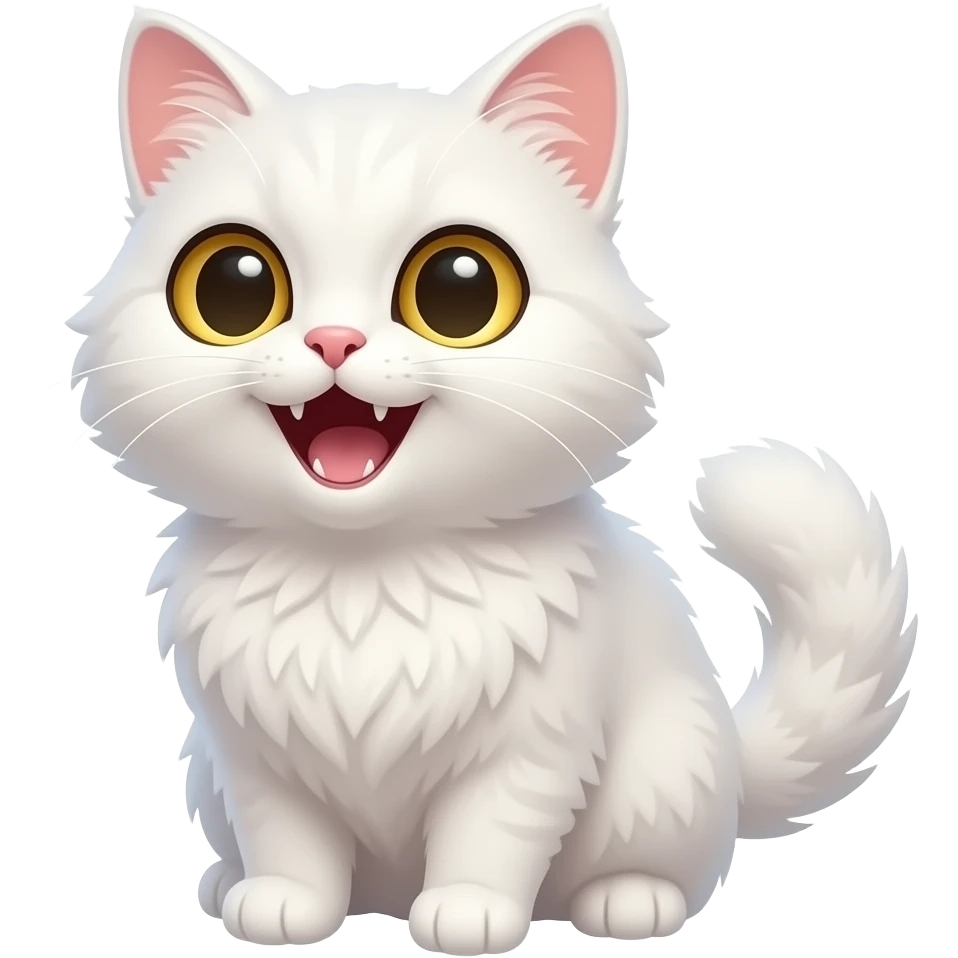cute white cat with golden eyes, fluffy fur, polished chibi style, discord emote, twitch emote, transparent background, thick clean outline, soft shading, expressive face, high contrast, laughing emoji