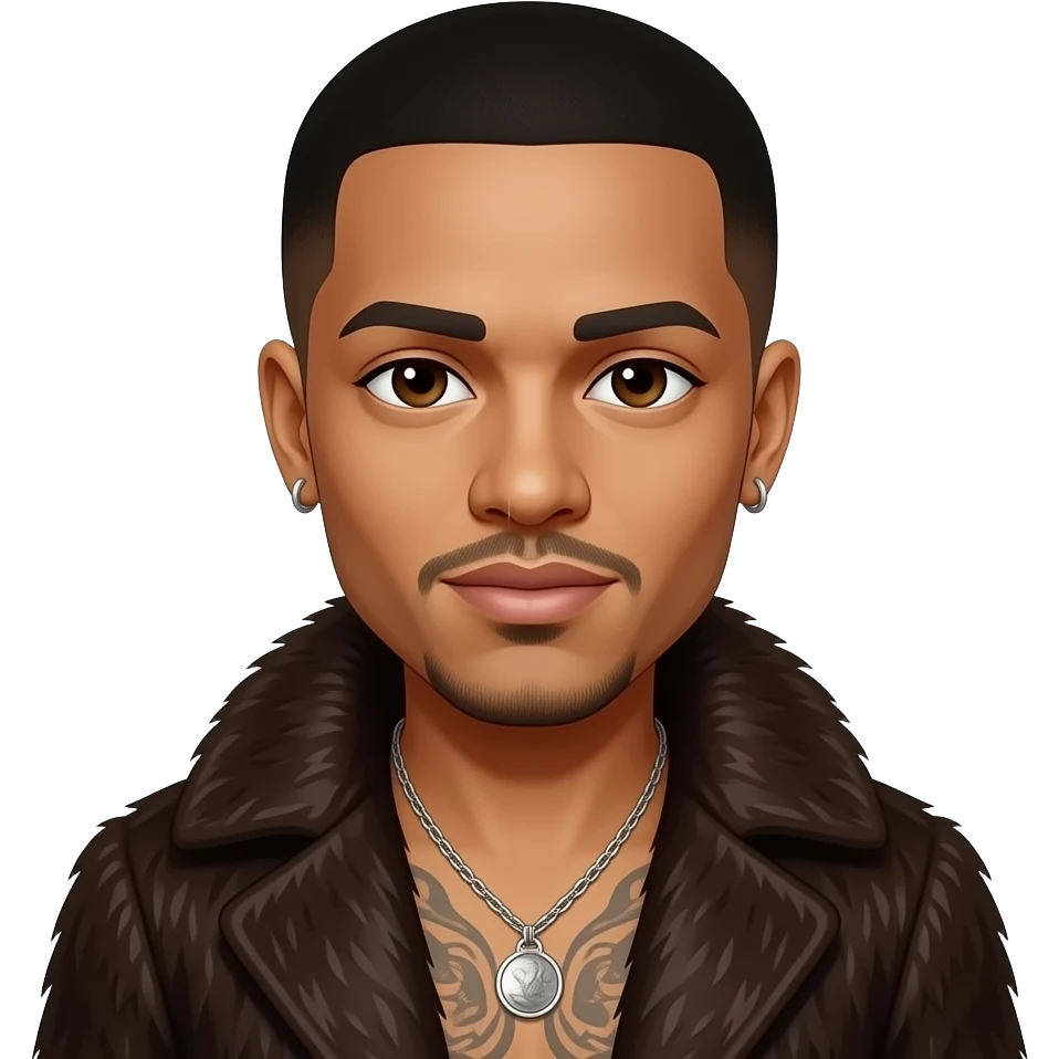 Trey Songz with dark brown eyes, black buzz cut hair, dark brown fur coat, shirtless with necklace and earrings emoji