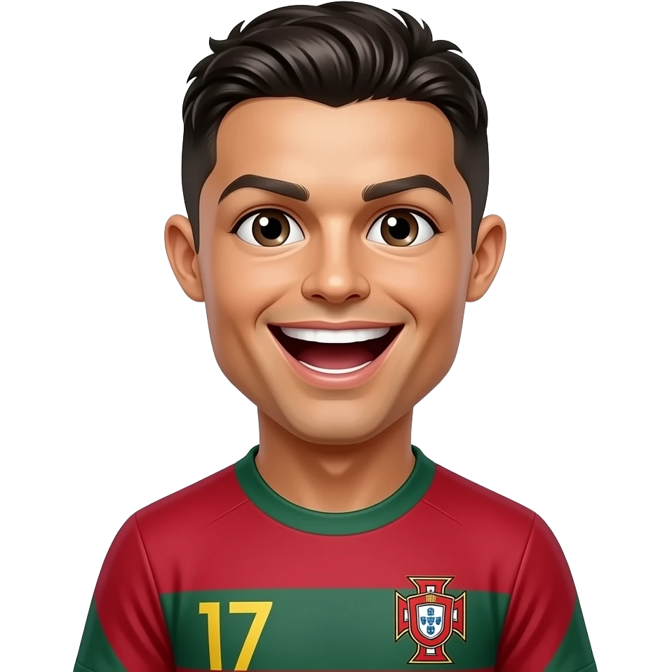 Cute man Cristiano Ronaldo, Portugal jersey, laughing happily, glossy 3D emoji sticker, white outline, transparent background, ultra detailed. emoji