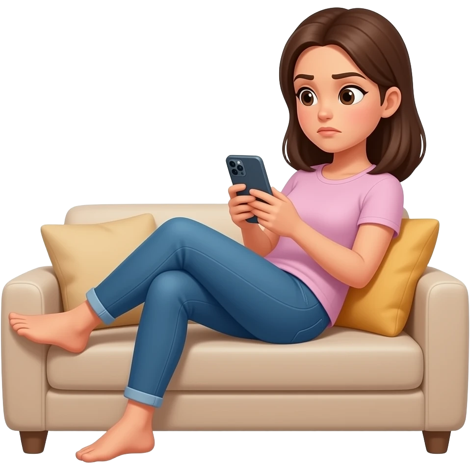 determined and focused Woman scrolling phone on couch lazy emoji