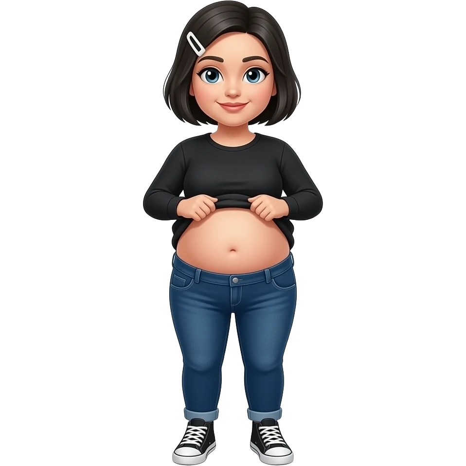 White woman with black short hair, white hair clip on the left of her hair, plain black long sleeve shirt, dark blue jeans, white and black sneakers, and a chubby body lifting her shirt to show her belly rolling emoji