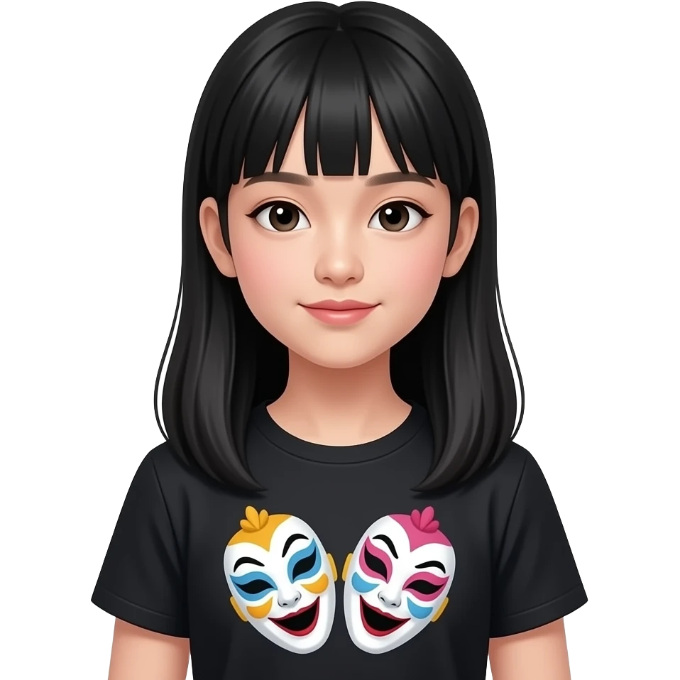 Ha i capelli neri e cinese si trucca pochissimo e si veste abbastanza elegante Ed e una femmina Ha 11 anni e la maglietta e con le maschere del teatro Ha il viso da 13 enne ha i capelli lunghi fino a sotto le spalle e non ha la frangetta emoji