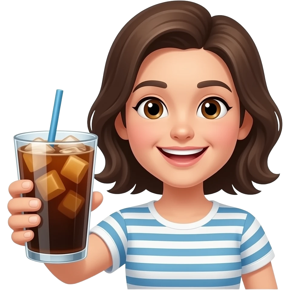 iOS Apple emoji style, glossy yellow cheerful face 😄 holding tall iced coffee glass. emoji
