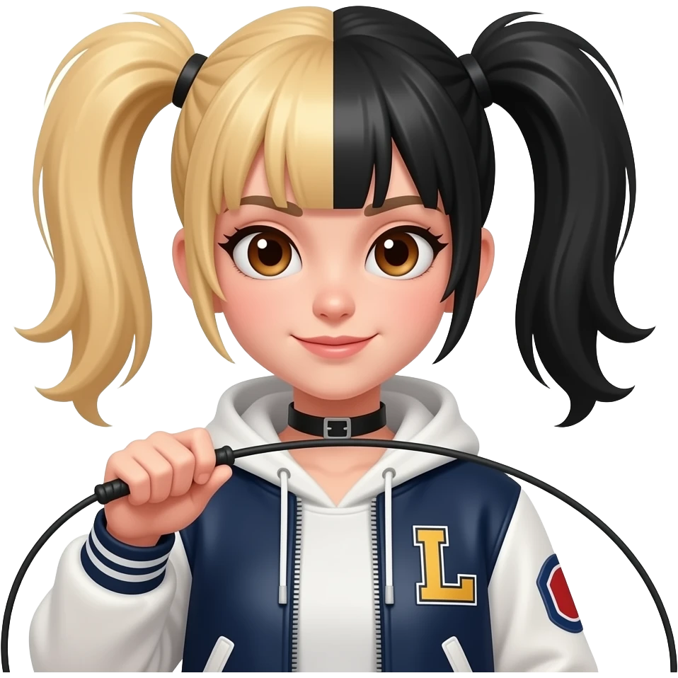 Punk girl with half blonde half black hair in pigtails with a letter L patch on jacket and brown eyes snapping whip emoji