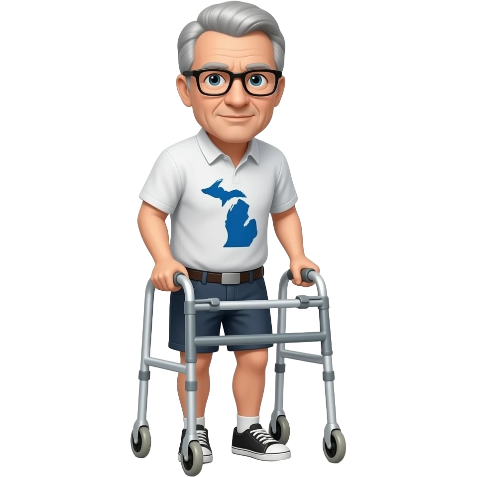 an emoji of a guy using a walker. He looks a little like harrison ford. He has salt and pepper hair, black rectangle glasses, no facial hair. He should be wearing a shirt with the state of michigan on it (not the university of michigan- a map of michigan) and a pair of shorts. hes 65. emoji