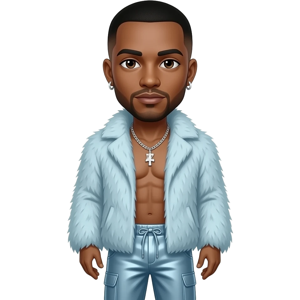O'Shea "Ice Cube" Jackson with dark brown eyes, black buzz cut hair, light steel blue fur shawl, light steel blue metallic baggy pants, shirtless with necklace and earrings emoji