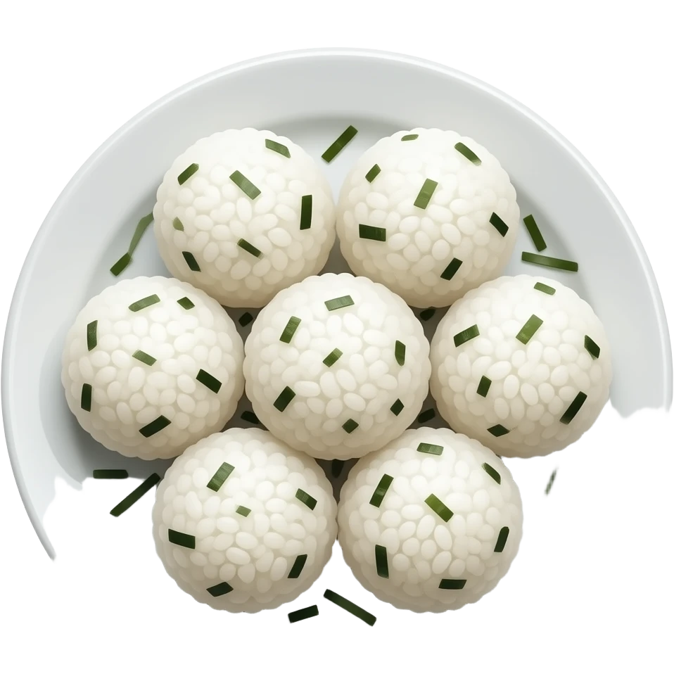 some perfect round type riceballs(not onigri) mixed in shredded seaweed(gim) flakes on dish emoji