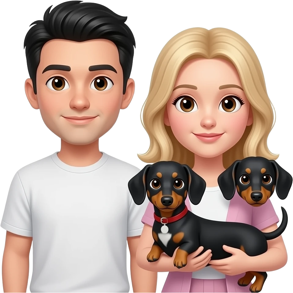 hombre de 20 años de piel normal a blanca con pelo negro y ojos cafés oscuro junto a su mujer de 20 años rubia, de piel normal a blanca con ojos cafes cargando a su perrito salchicha negro que tiene una manchita blanca eñ su pecho emoji