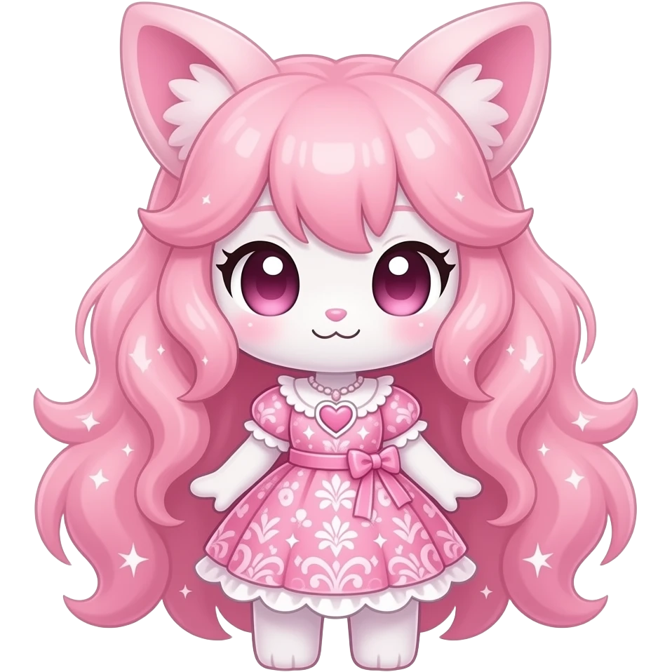 Fuzzy feathery long-beaded-haired cozy rosy aesthetic Rosy beautiful gorgeous pretty Petite shiny glossy sparkly romantic pastel damask Absol-Sylveon-Amaura-Aurorus-Espeon-Fakemon-hybrid with heart sparkle patterns emoji
