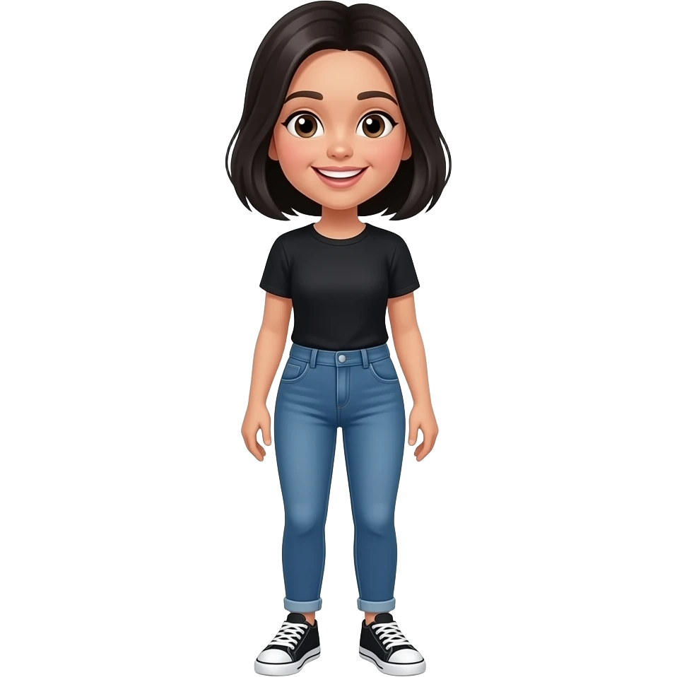 White girl with black hair, black shirt, jeans, white and black sneakers, and a happy face emoji