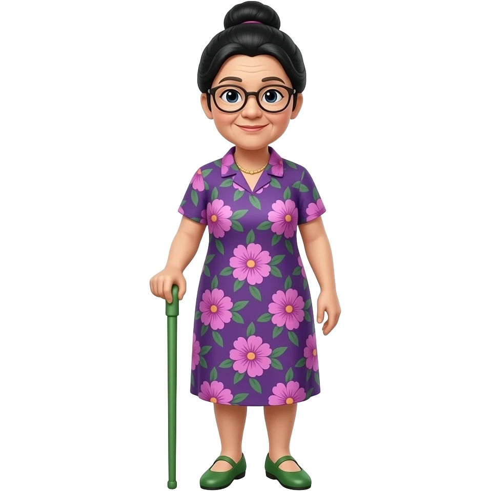 old asian woman, with black hair in a bun, wearing glasses and a purple, pink and green floral dress and green flat shoes, holding an elegant green wood cane emoji