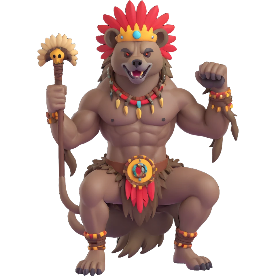 A native strong buff hyena with war bonnet flexing posing full body holding a chopped off human head by the hair  emoji