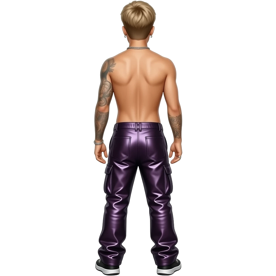 Justin Bieber from behind with dark purple metallic baggy pants, shirtless with necklace and earrings emoji
