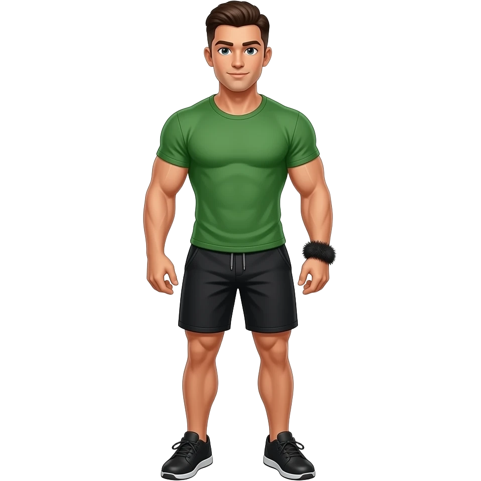 muscular jock with dark brown hair, combed back, wearing a green t-shirt, black shorts, black shoes and a slender bracelet made of black fur emoji