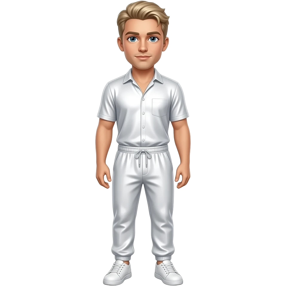 Nick Carter with light blonde hair, white metallic v-neck shirt, white metallic baggy joggers, white shoes emoji