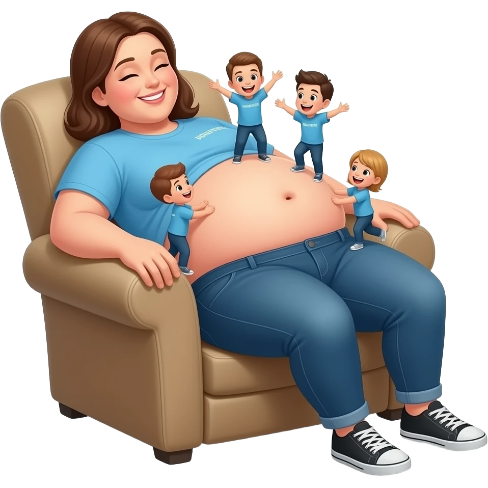 A female giant rests on a recliner sofa,with friendly gentle manner she hangs out her overfed rotund exposed belly,so the tiny volunteer admirers can use the girl’s vulnerable belly to bounce on,The female giant giggles because her bellybutton is ticklish. emoji