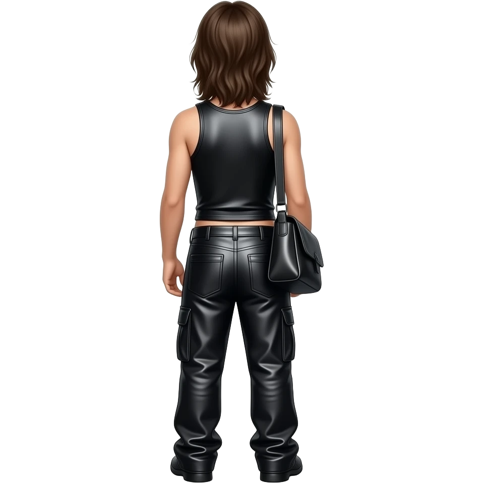 Tom Kaulitz from behind with long dark brown hair, black metallic tank top, black metallic baggy pants emoji
