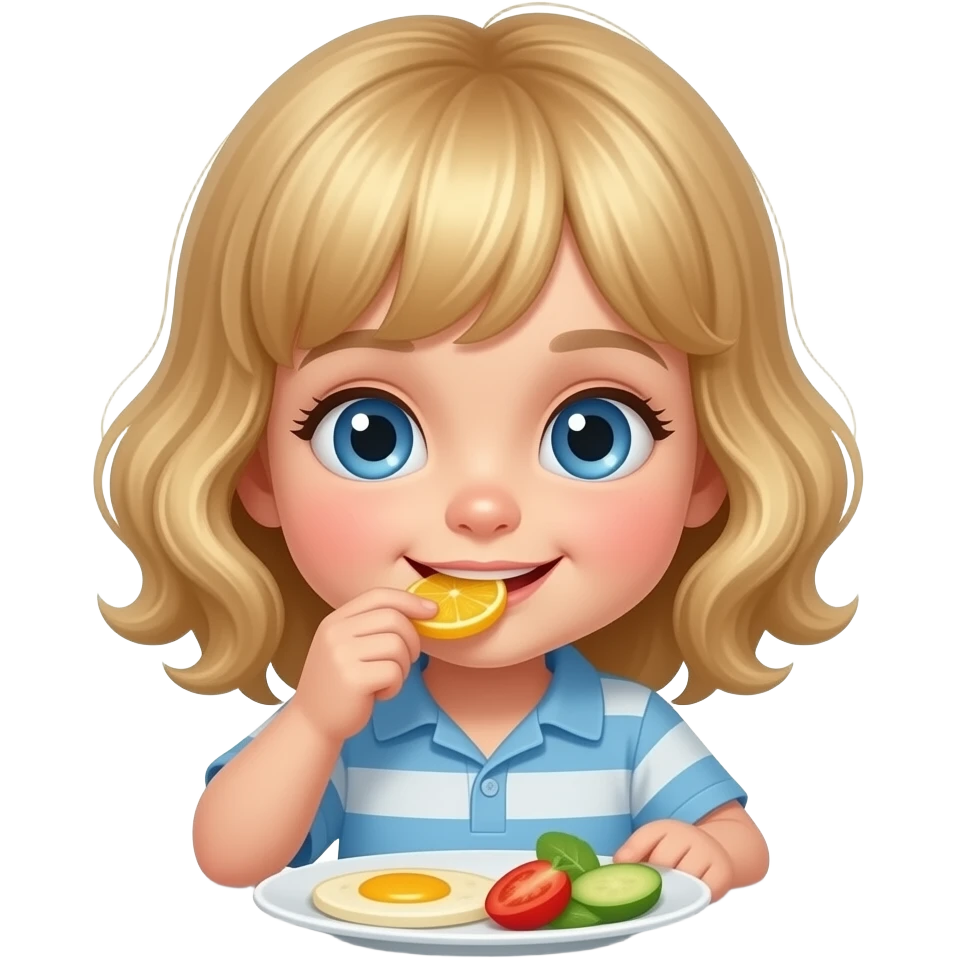 white kid blue eyes mid length with bangs soft curly hair to shoulders in color: middle to little darker blonde, eating breakfast emoji