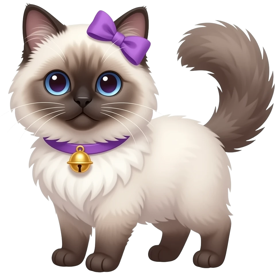 Cute ragdoll cat with purple bow on head and collar with bell emoji