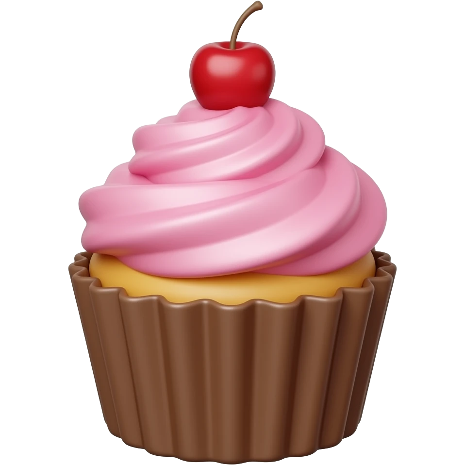 3D emoji style cupcake, brown paper liner with swirled 
pink frosting on top, a small red cherry on the peak, 
Apple emoji aesthetic, soft highlights, 
transparent background, bold simple shapes emoji