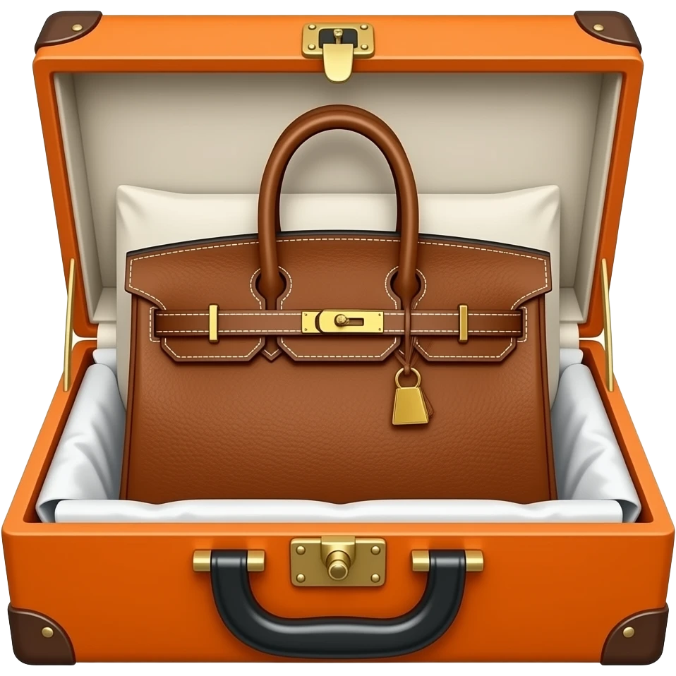 ультра реалистичная оранжевая открытая коробка hermes в которой лежит новая сумка birkin коричневого цвета с золотой фурнитурой emoji