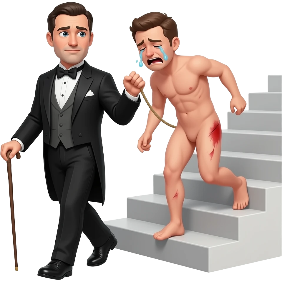 A stern clothed man with a thin whippy cane is leading by the ear and dragging behind him, a reluctant, crying, naked man up a flight of stairs, walking up towards the top,by the ear, his red buttocks are very bruised. emoji