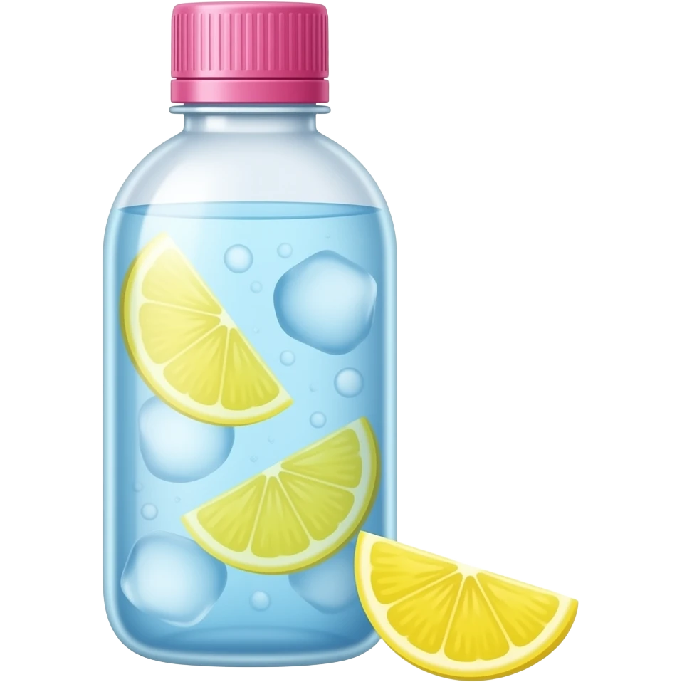 Pink water bottle with ice cold blue water with lemon slices emoji