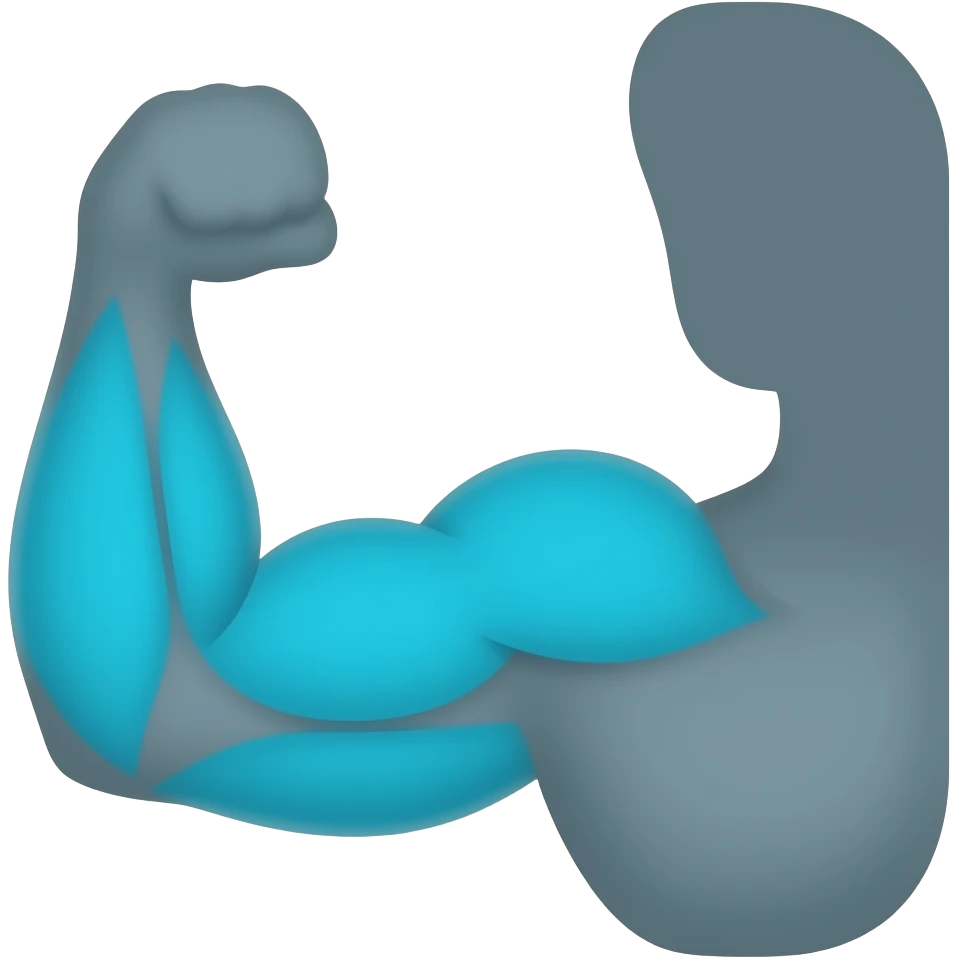 Minimal anatomical icon, dark background, left arm front view in dark grey with only biceps muscle is highlighted in glowing cyan-teal #00D4B1, flat shading, clean emoji