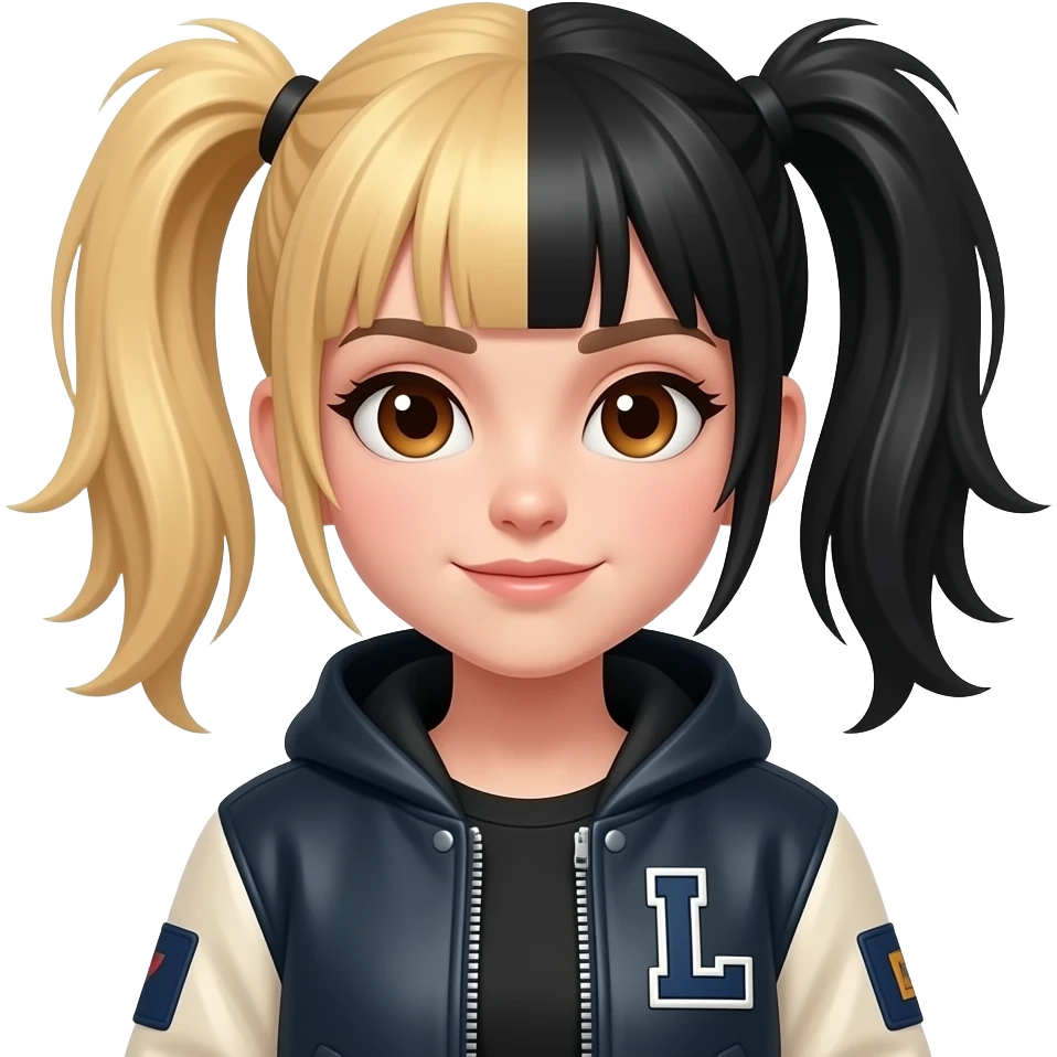 Punk girl with half blonde half black hair in pigtails with a letter L patch on jacket and brown eyes emoji