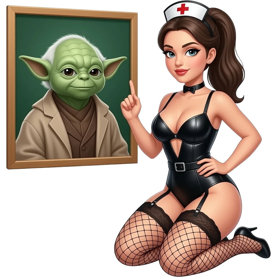 Nurse with pony tail in black mesh lingerie outfit,studying, with garter belt and large breasts, low cut black leather outfit, kneeling in front of schoolmaster yoda emoji