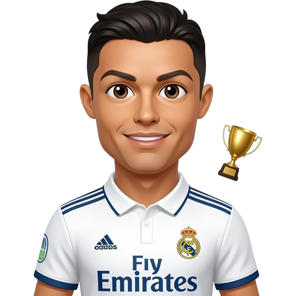 Cristiano Ronaldo emoji avatar, Real Madrid jersey, cute cartoon style. One small golden trophy floating beside his cheek. emoji