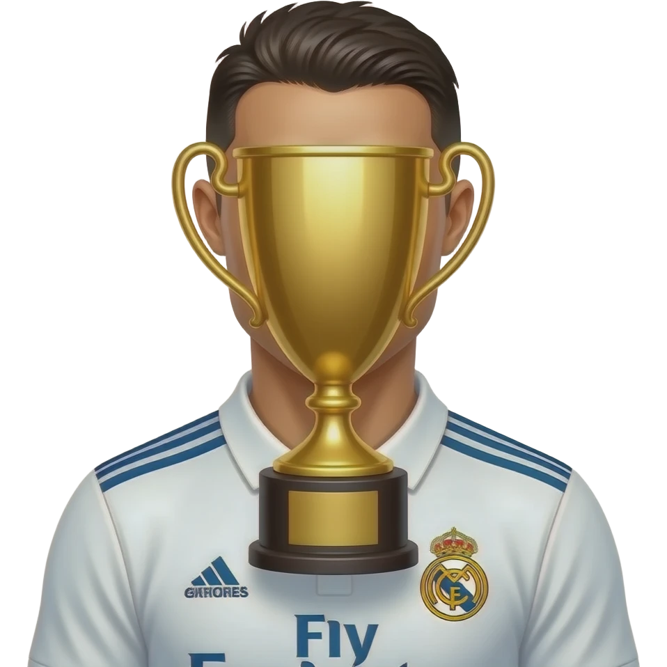 Cristiano Ronaldo emoji avatar, Real Madrid jersey, cute cartoon style. One oversized identical golden trophy floating in front of the eyes, covering upper face. emoji