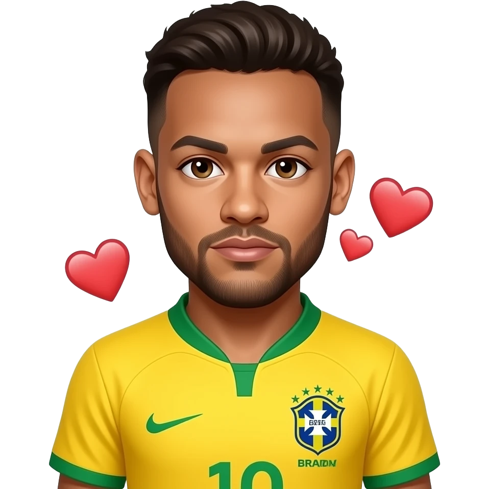 Neymar emoji, SAME Brazil jersey, chest-up, centered, 3 ❤️ randomly floating around face and jersey, glossy cartoon emoji style, no text. emoji