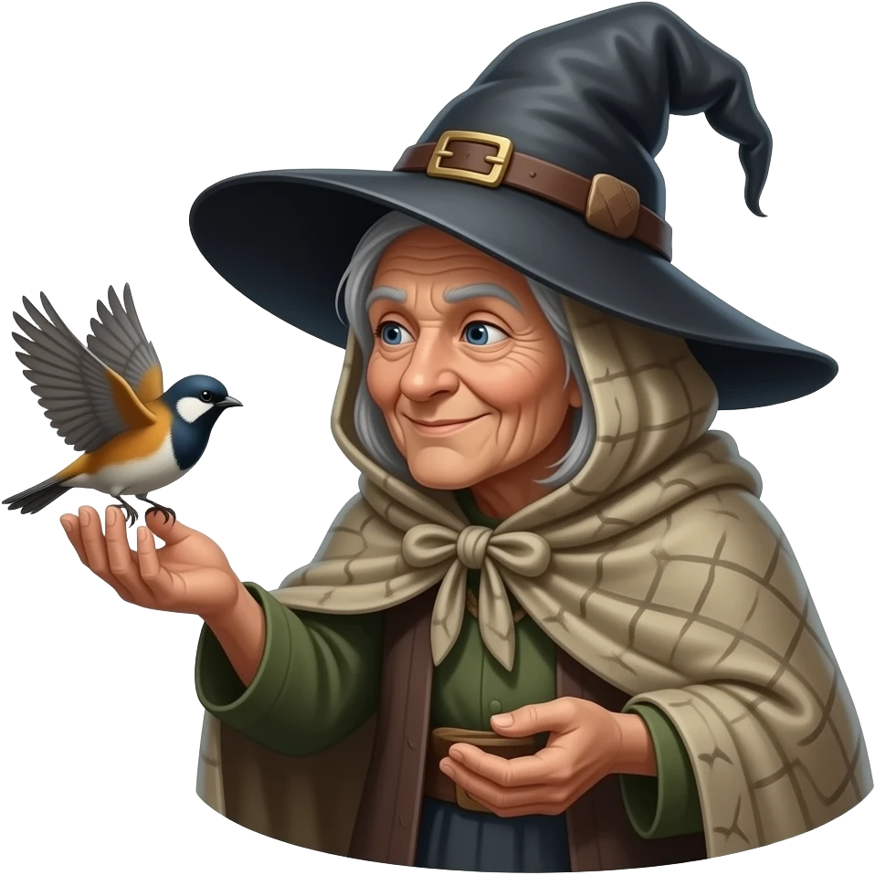 Old witch with a shroud on feeding birds emoji