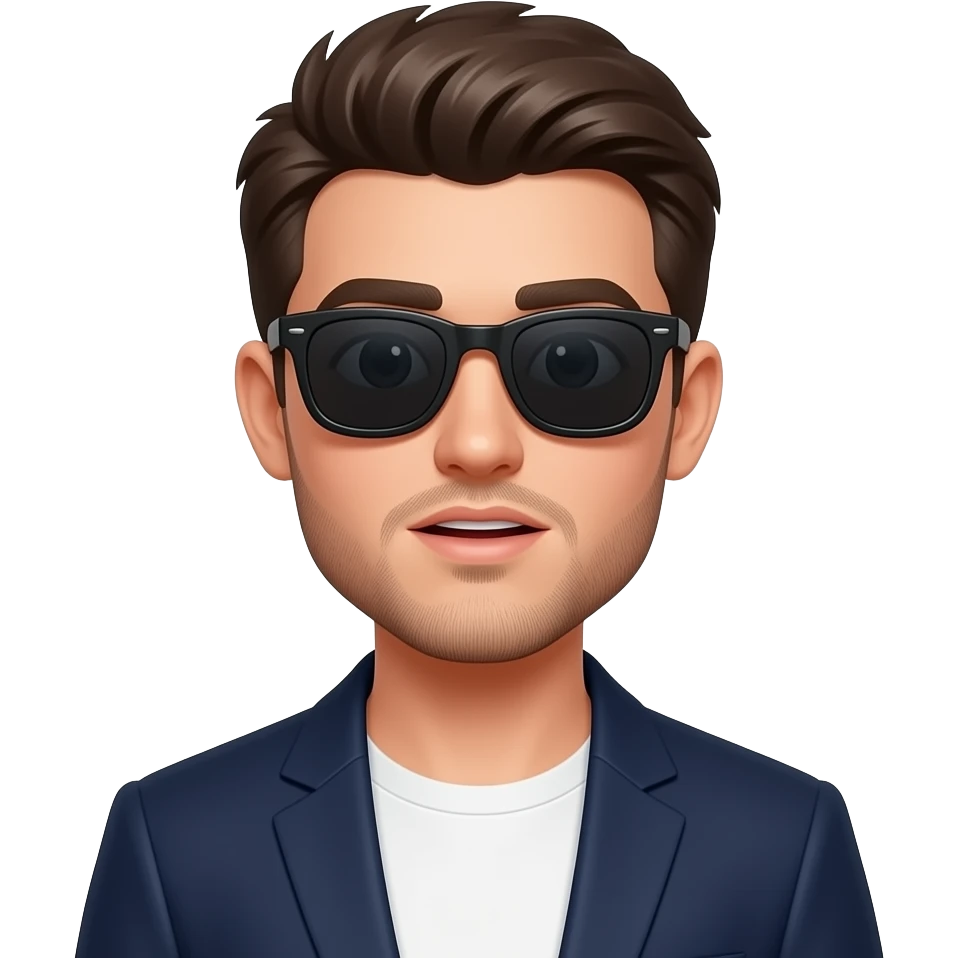 cute young man with completely dark sunglasses in white tshirt and navy blazer, his mouth is opened, eyes small, face round, short neck, little beard stubbles emoji