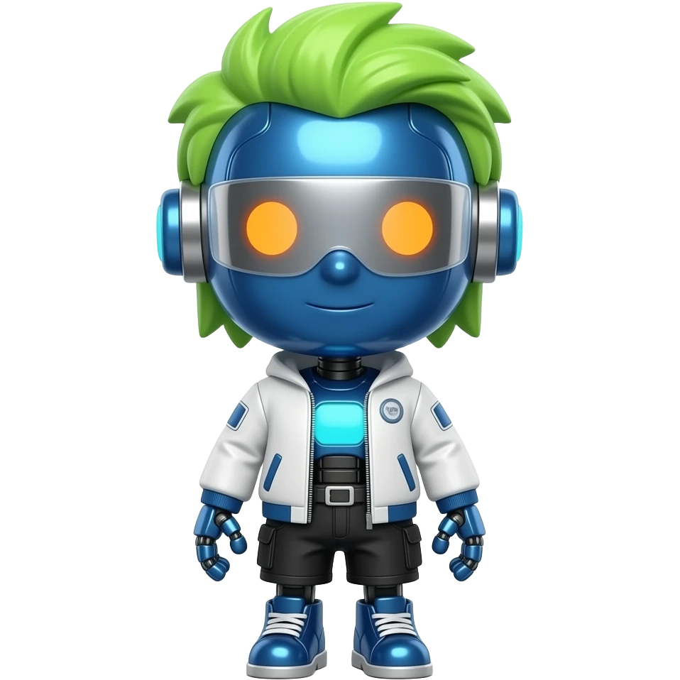 A futuristic robot character with a huge head and tiny body, polished cobalt-blue metal plating, short neon-green synthetic hair, a silver visor, a white tech jacket, glowing cyan chest panel, black utility shorts, magnetic boots, and bright orange eyes. emoji