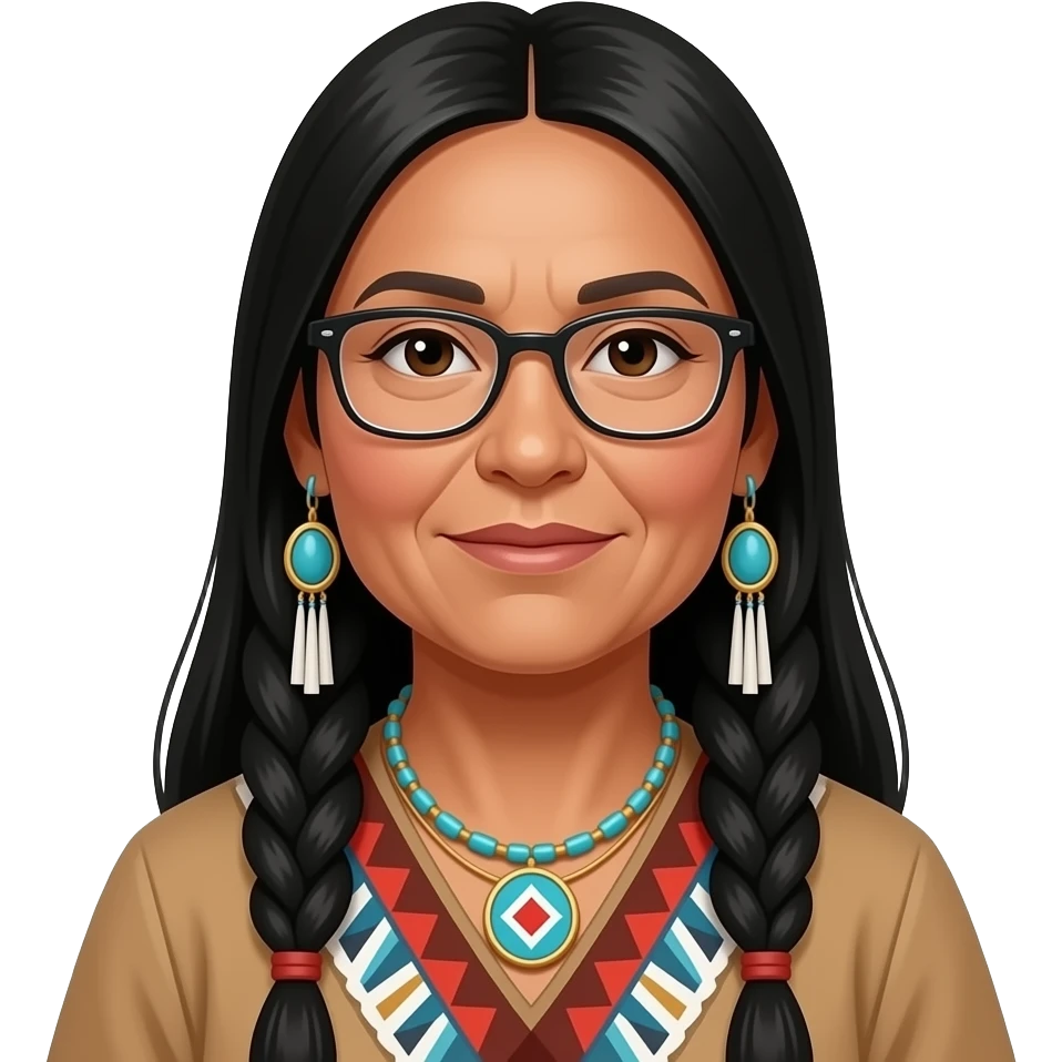 mature native american woman, long hair, glasses emoji