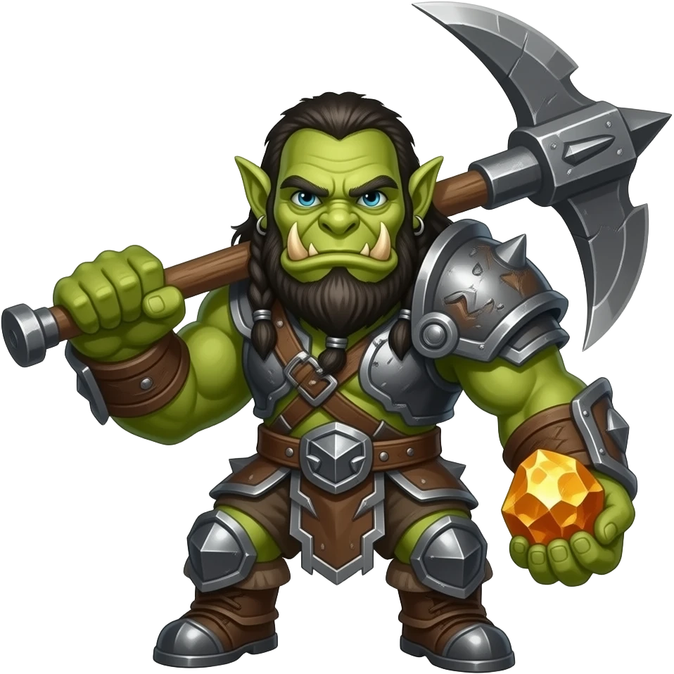 An green-skinned Orc War miner, hefting a large miner's pick over his shoulder holding a chunk of orichalcum ore in the other hand emoji