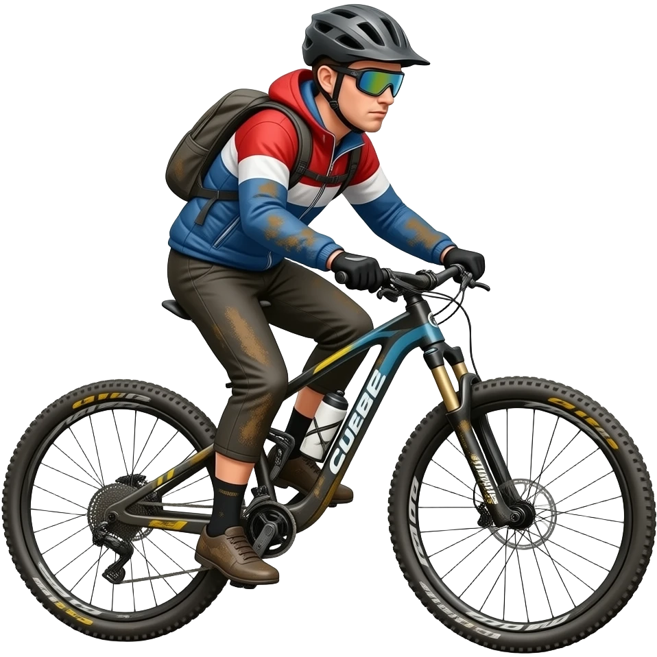 Je veux un emoji de cycliste de VTT sur un VTT, il doit porter un casque professionnelle, une tenue manche longues et pantalon long quebecoise, des lunettes de course VTT avec des reflets et il doit y avoir beaucoup de boue sur lui et sur les roues du vélo beaucoup de terre sur les roues emoji