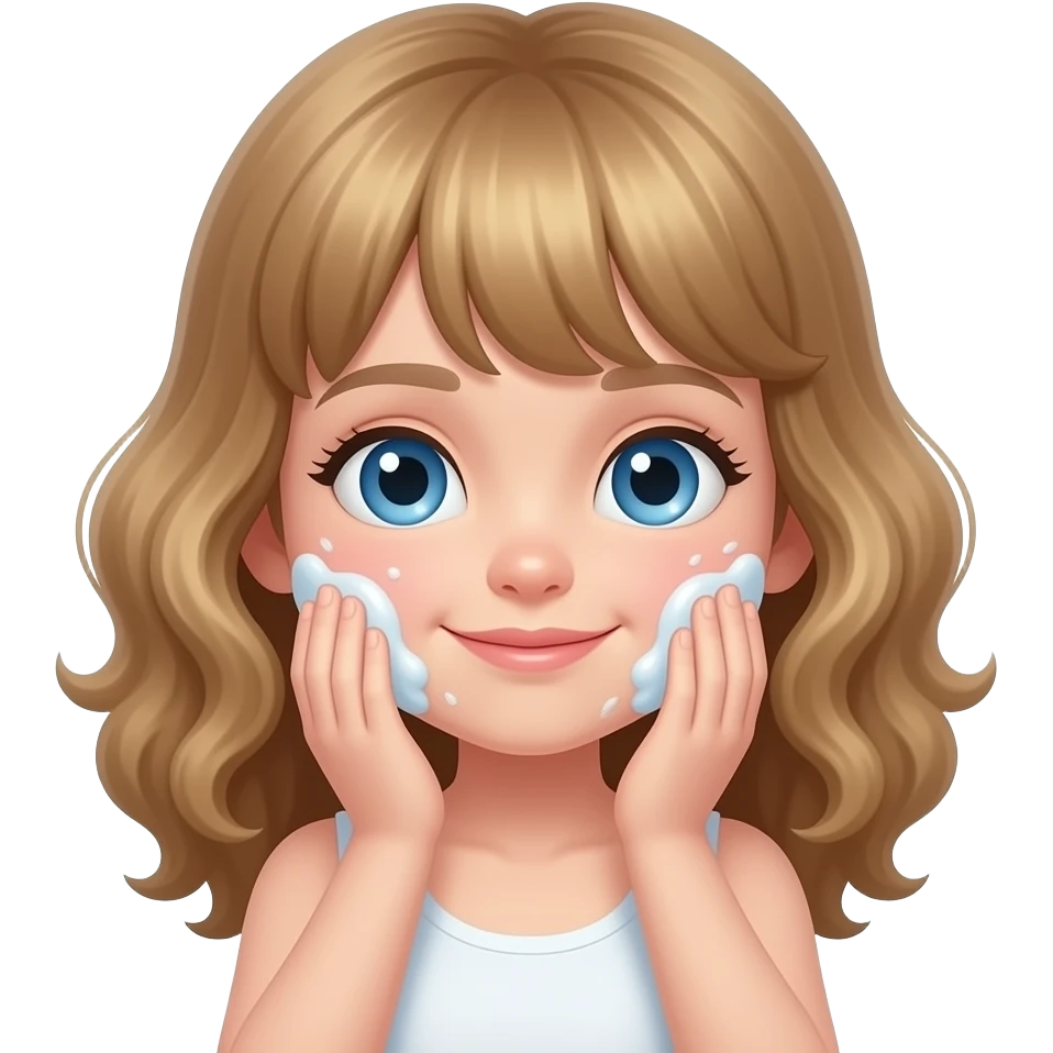 white kid blue eyes mid length with bangs soft curly hair to shoulders in color: middle to little darker blonde, washing her face emoji