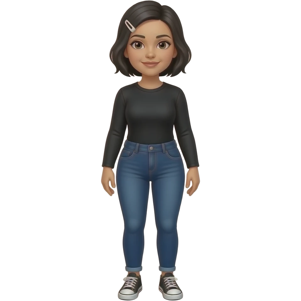 White American woman with a long sleeve black plain shirt, dark blue skinny jeans, black short hair with a white clip on the left of her hair, a little bit chubby, and white and black sneakers emoji