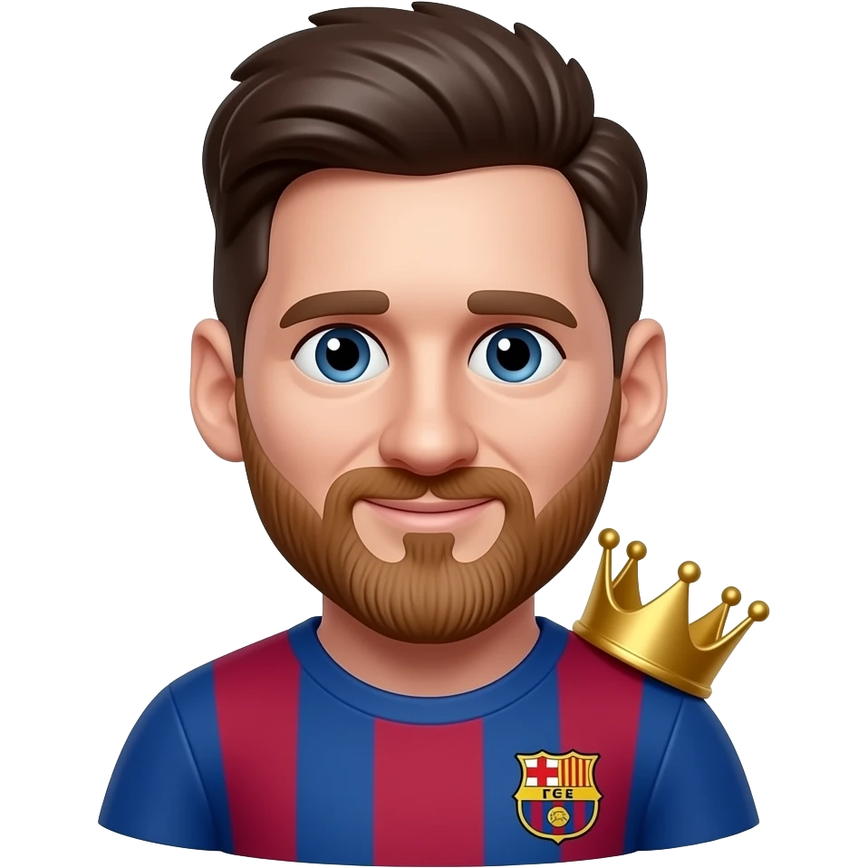 Messi-inspired 3D emoji, same natural face, 1 small gold crown on shoulder. emoji