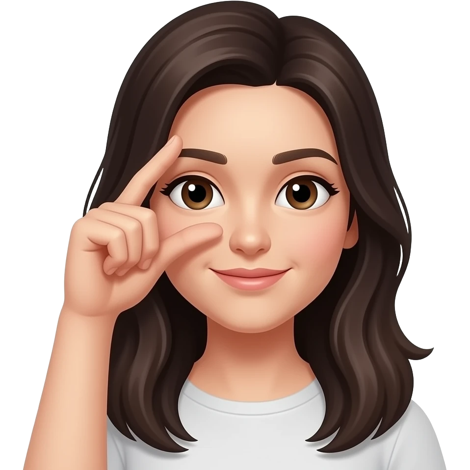 woman making L fingers on forehead with long dark hair and brown eyes emoji