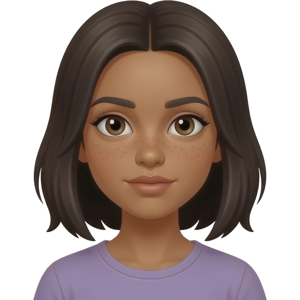 Chica de piel media  ojos medios y grandes cejas poblandas oero no mucho labios medios cabello a la altura del bra y mirada amable pero fria emoji