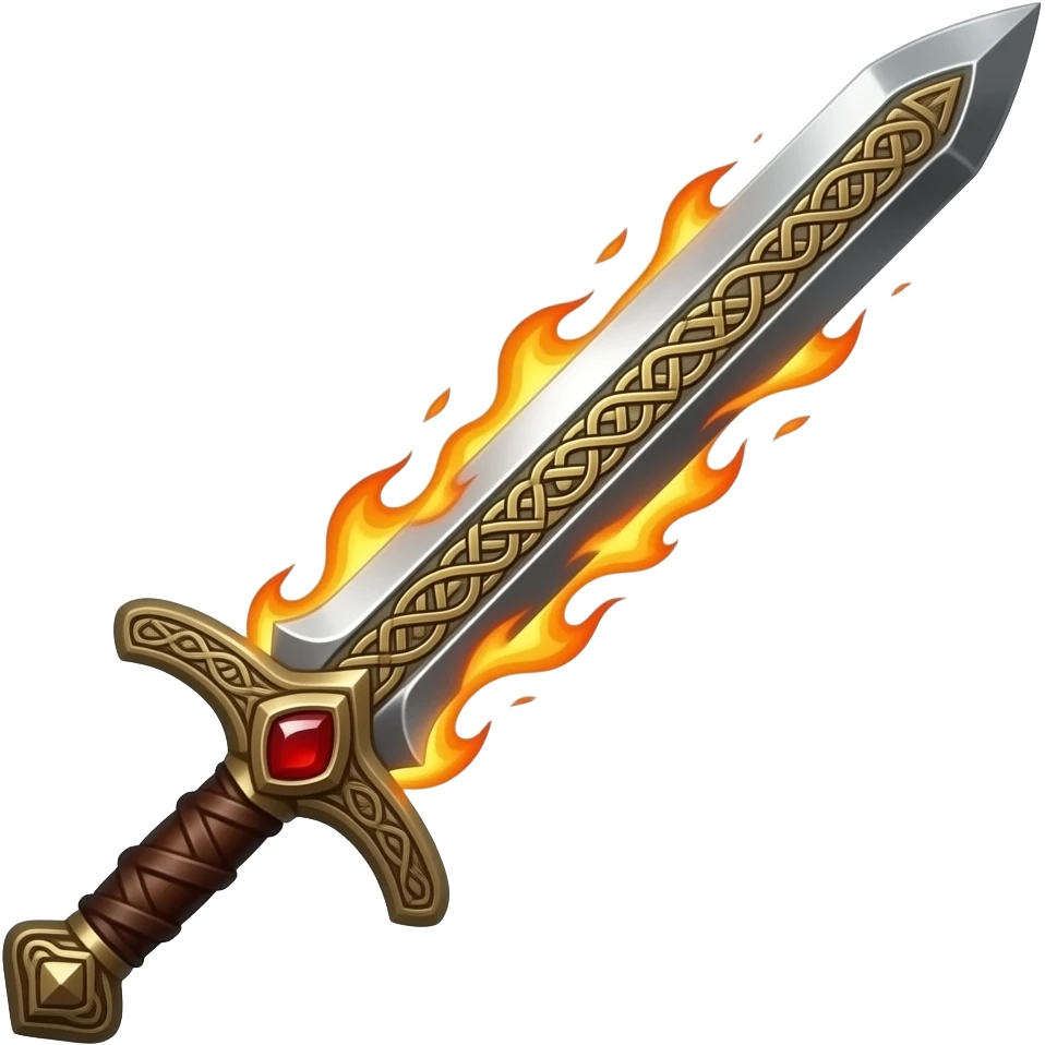 Realistic long flaming sword, Knight style sword, celtic runes engraved in the blade, wooden handle wrapped in leather, ruby gem at the hilt emoji